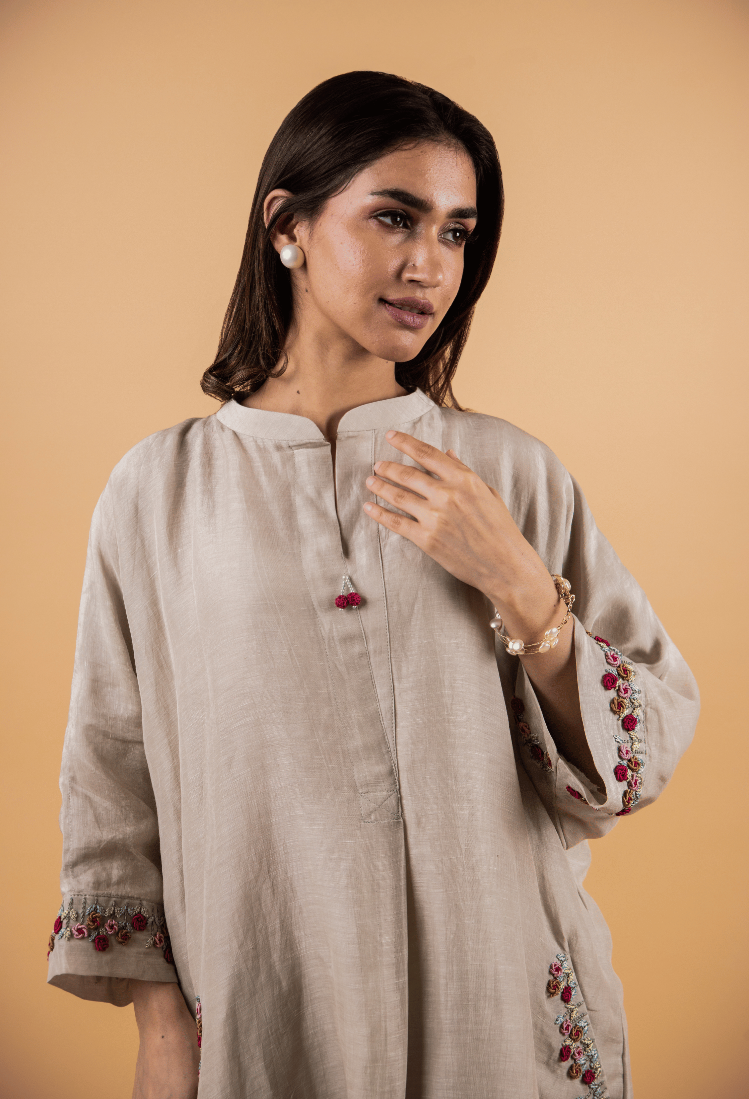 Hand Embroidered Linen Co-ord Set - Beige