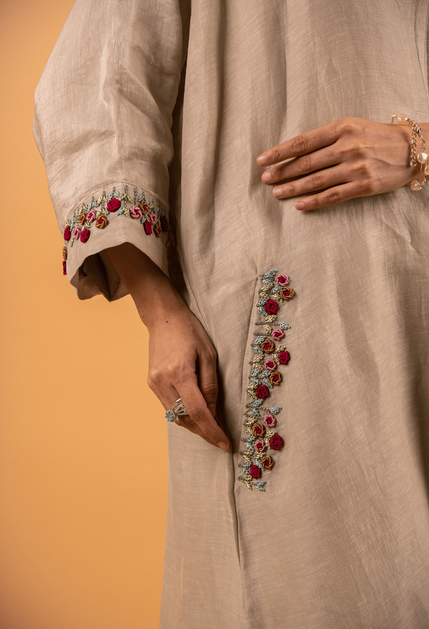 Hand Embroidered Linen Co-ord Set - Beige
