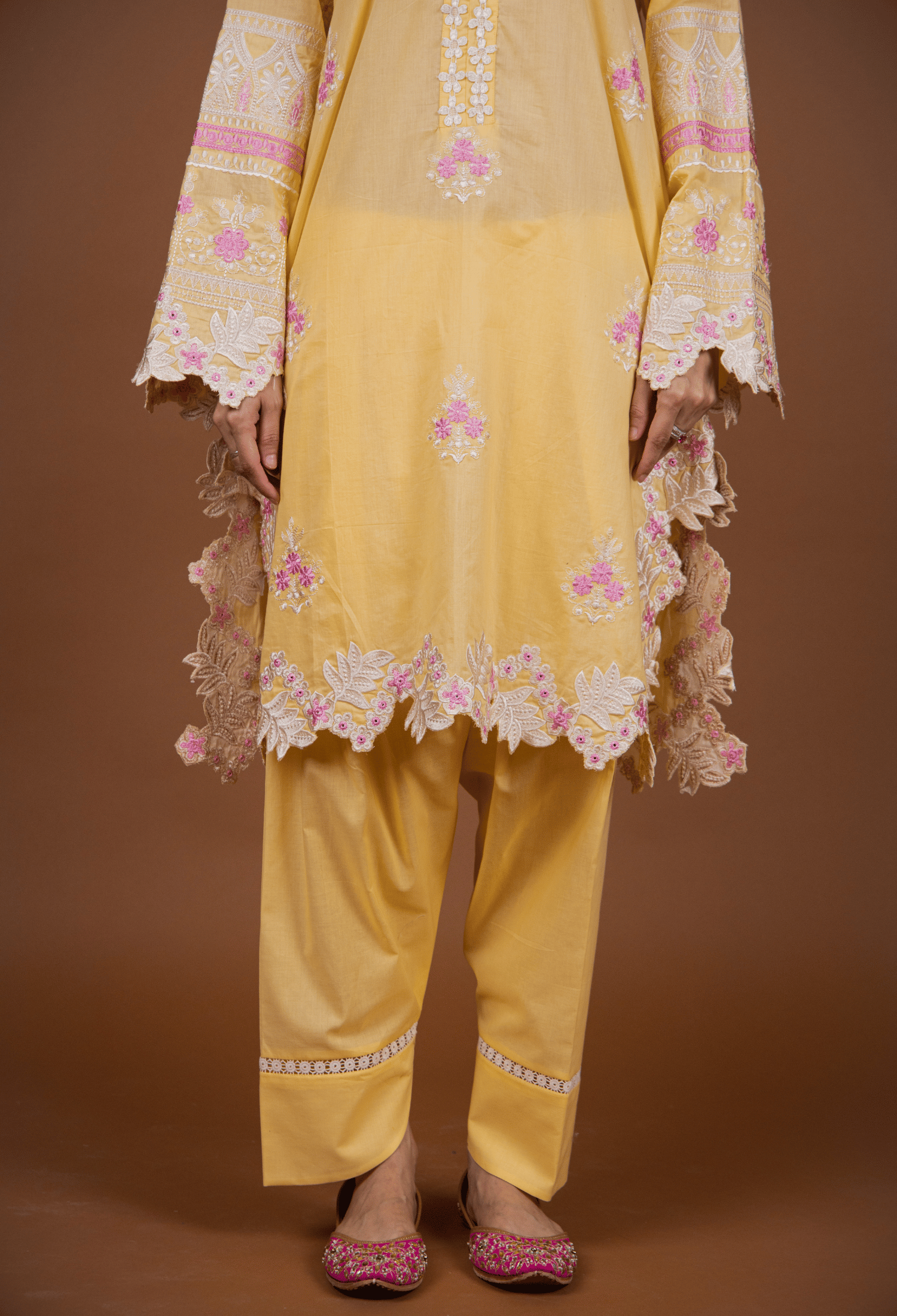 Floral Cutwork Kurta Set - Yellow