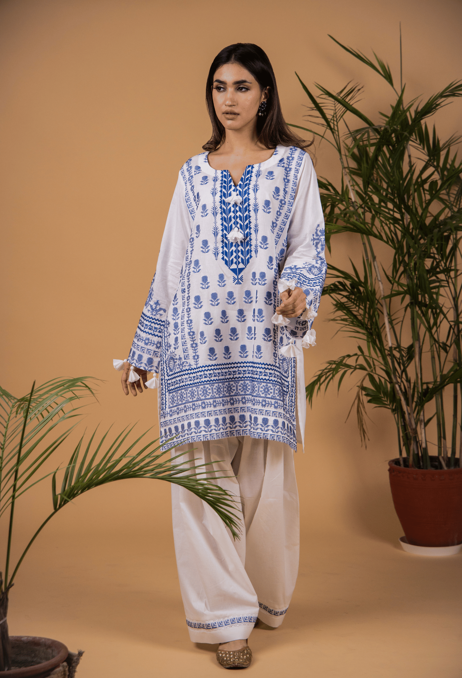 Cross Stitch Lawn Kurta Set - White & Blue