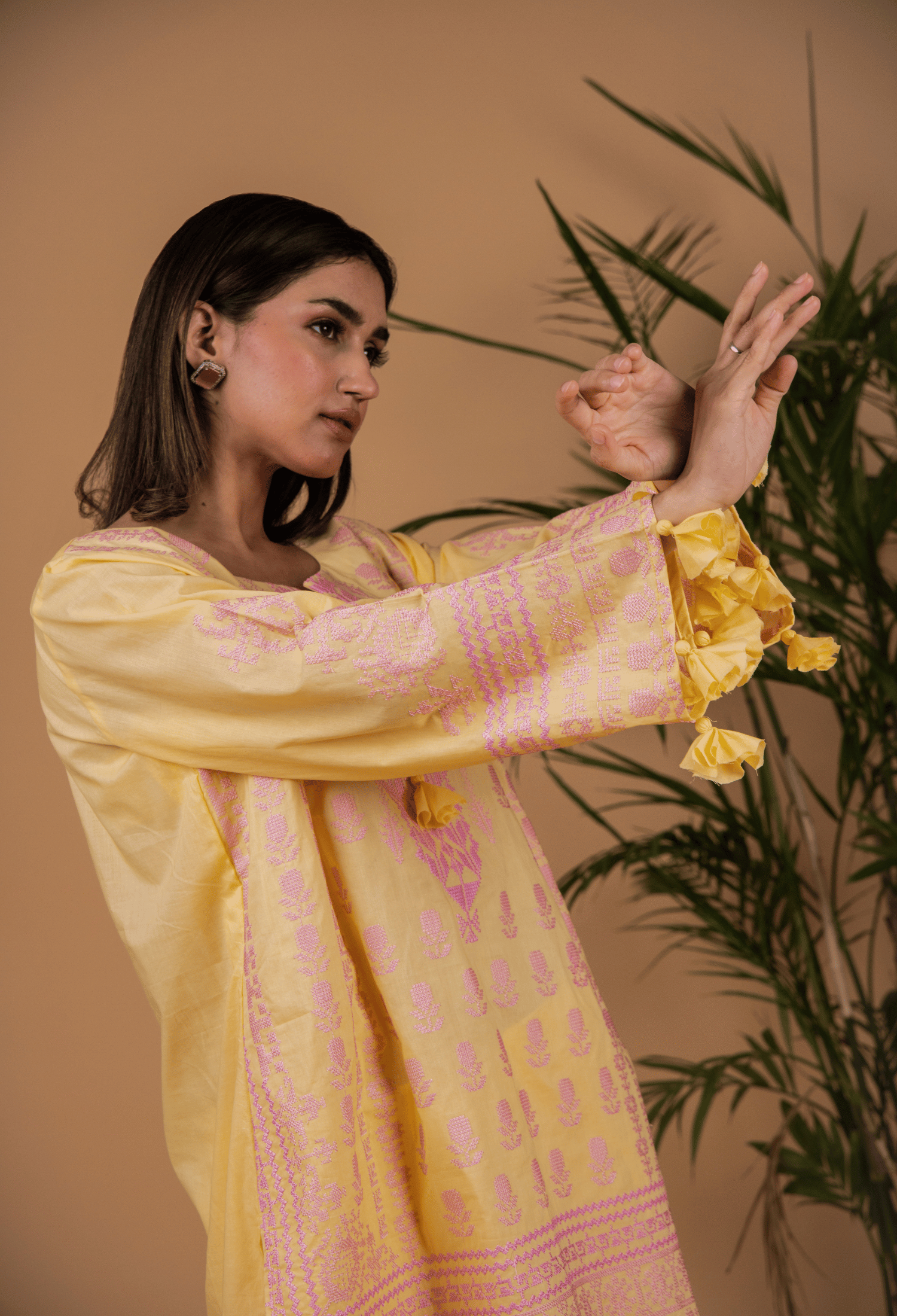 Cross Stitch Lawn Kurta Set - Yellow & Pink