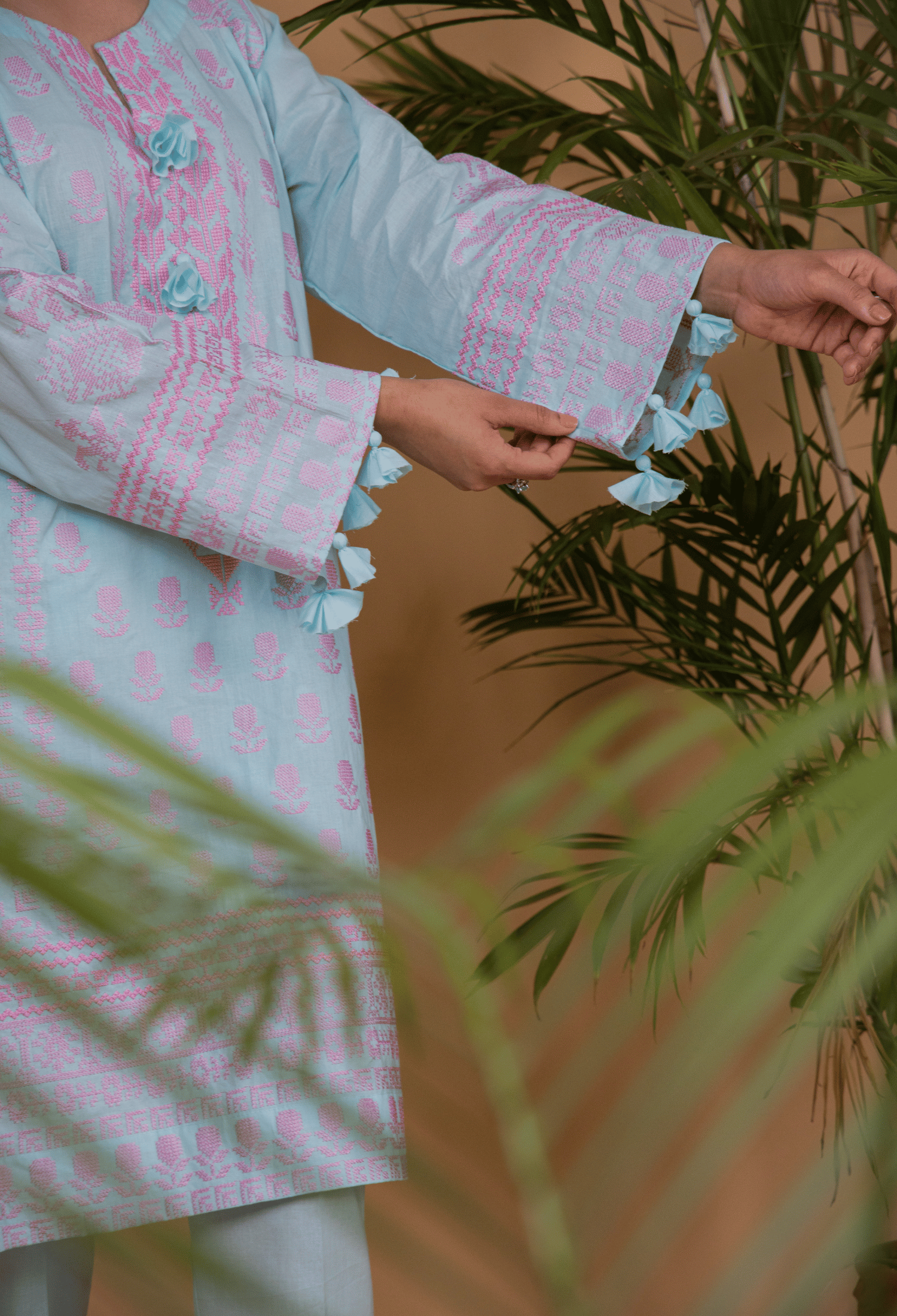 Cross Stitch Lawn Kurta Set - Blue & Pink