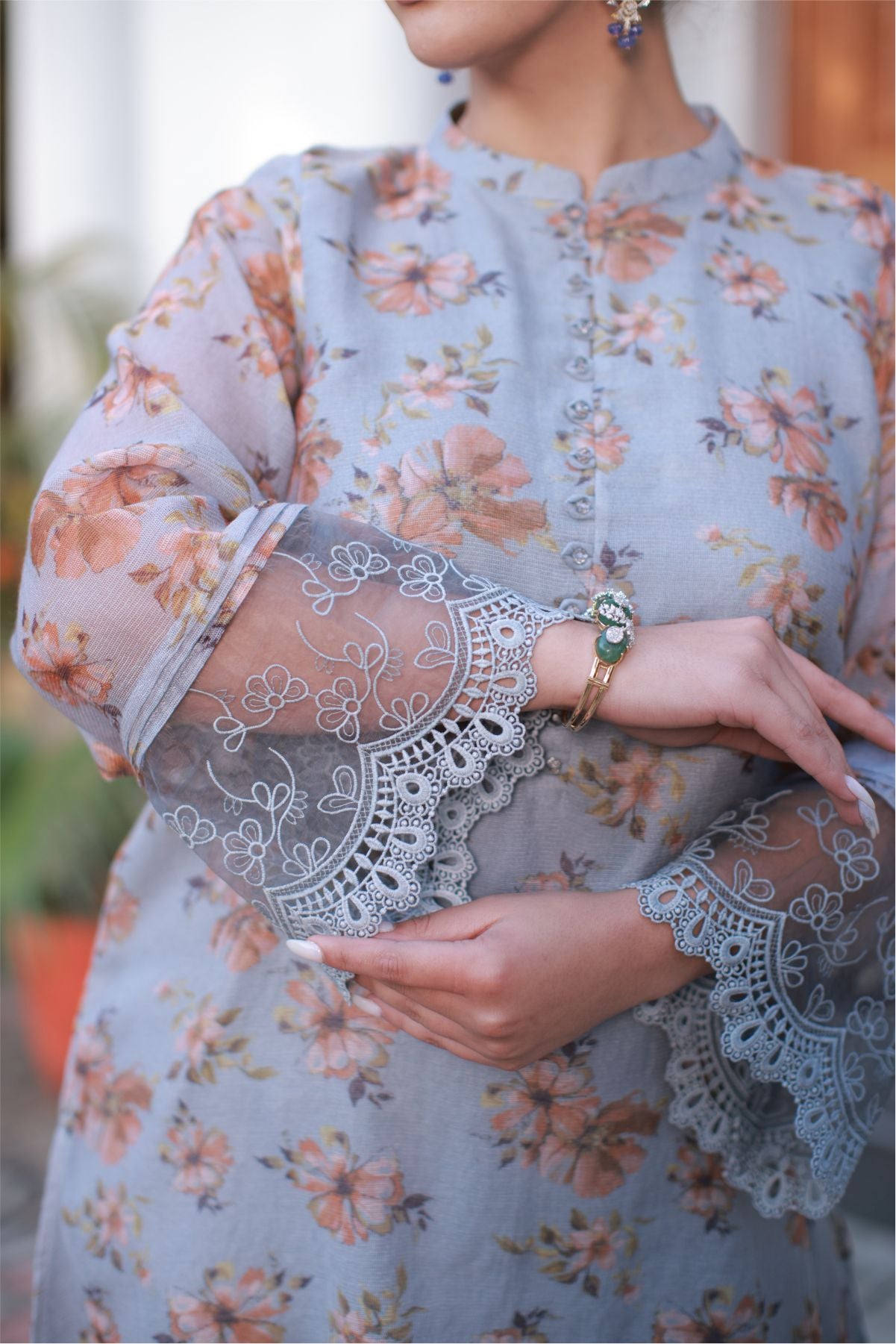 Grey Cotton Net Kurta Set