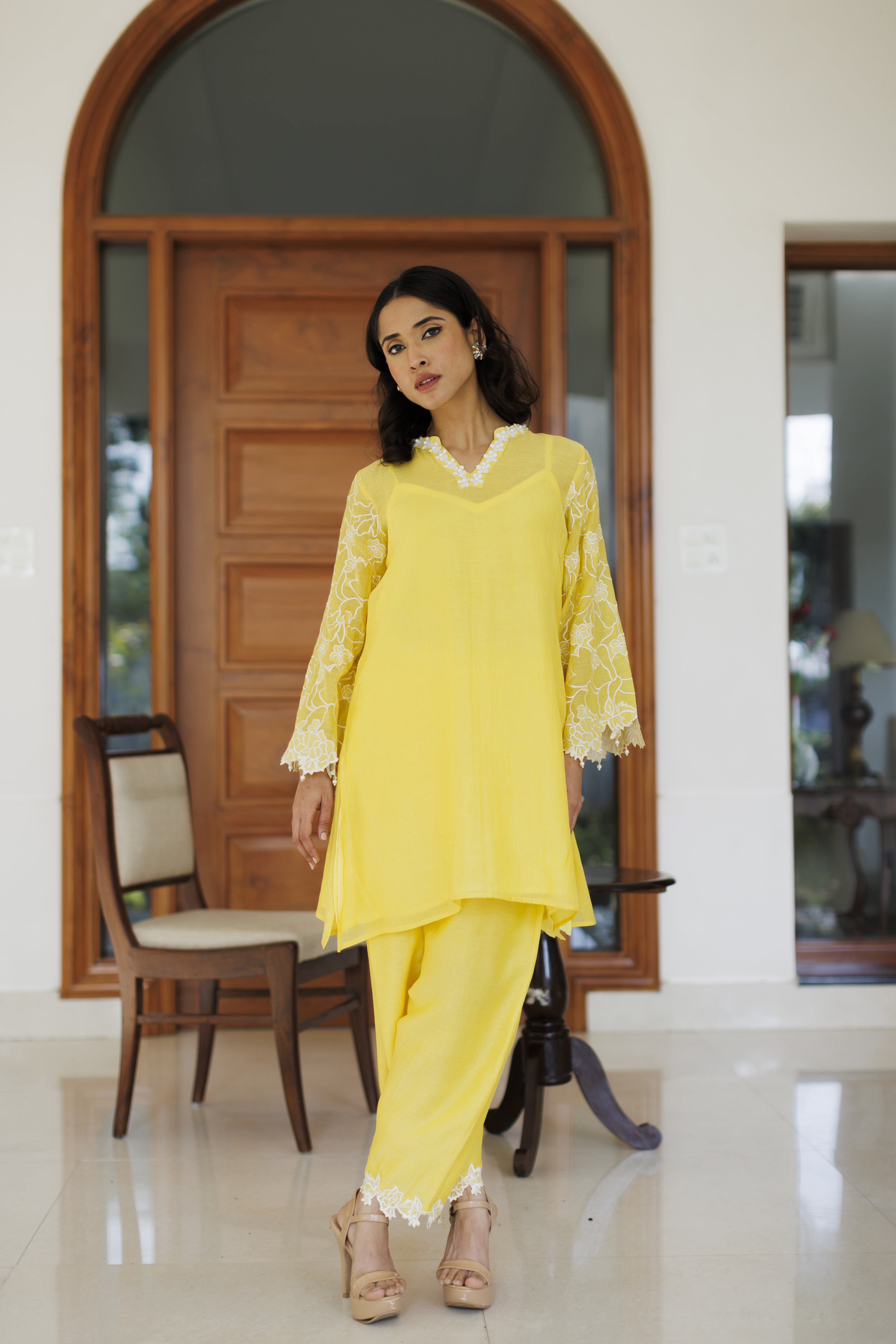 Yellow Floral Cutwork Co-ord Set