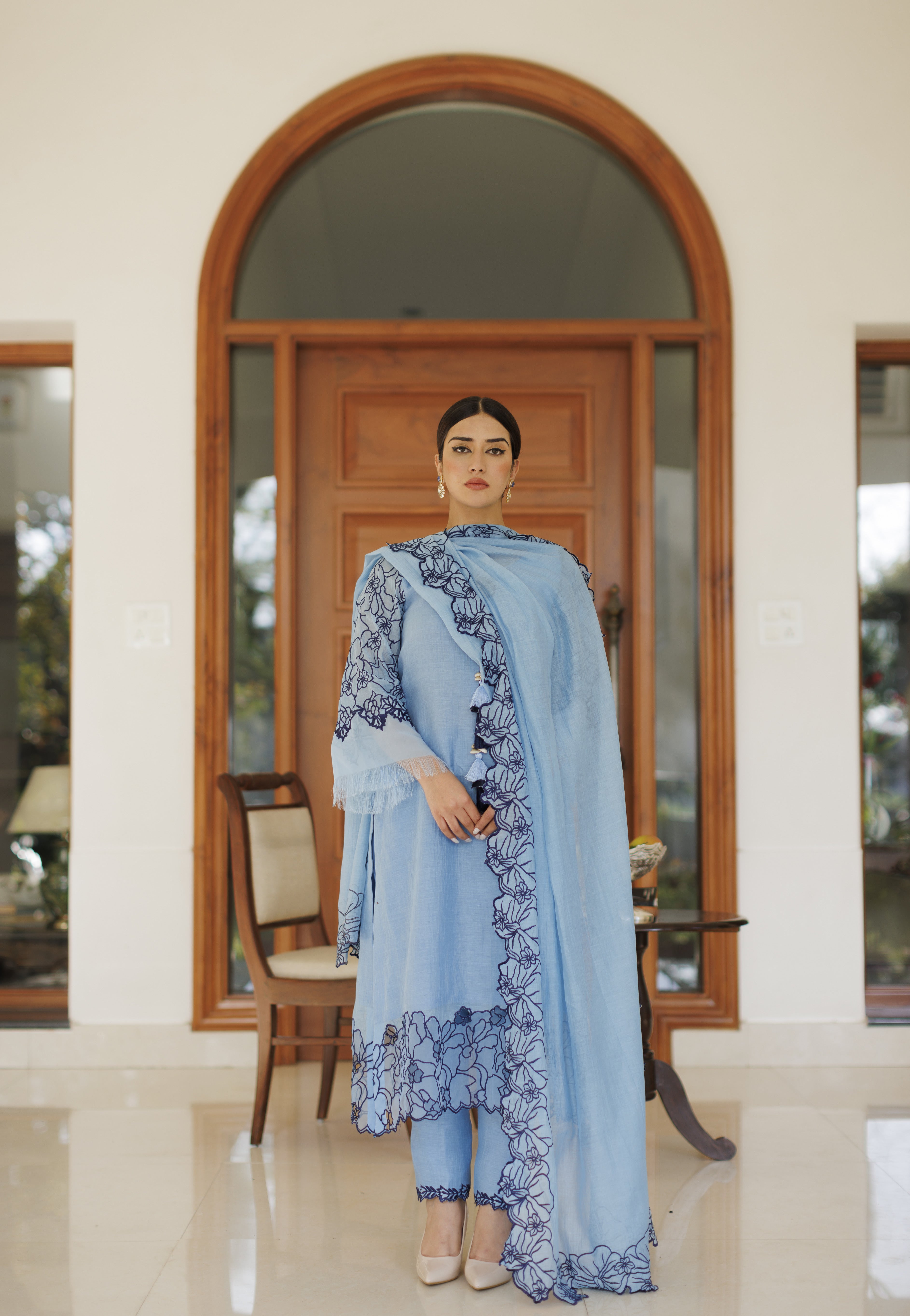 Blue Floral Cutwork Shirt with Dupatta