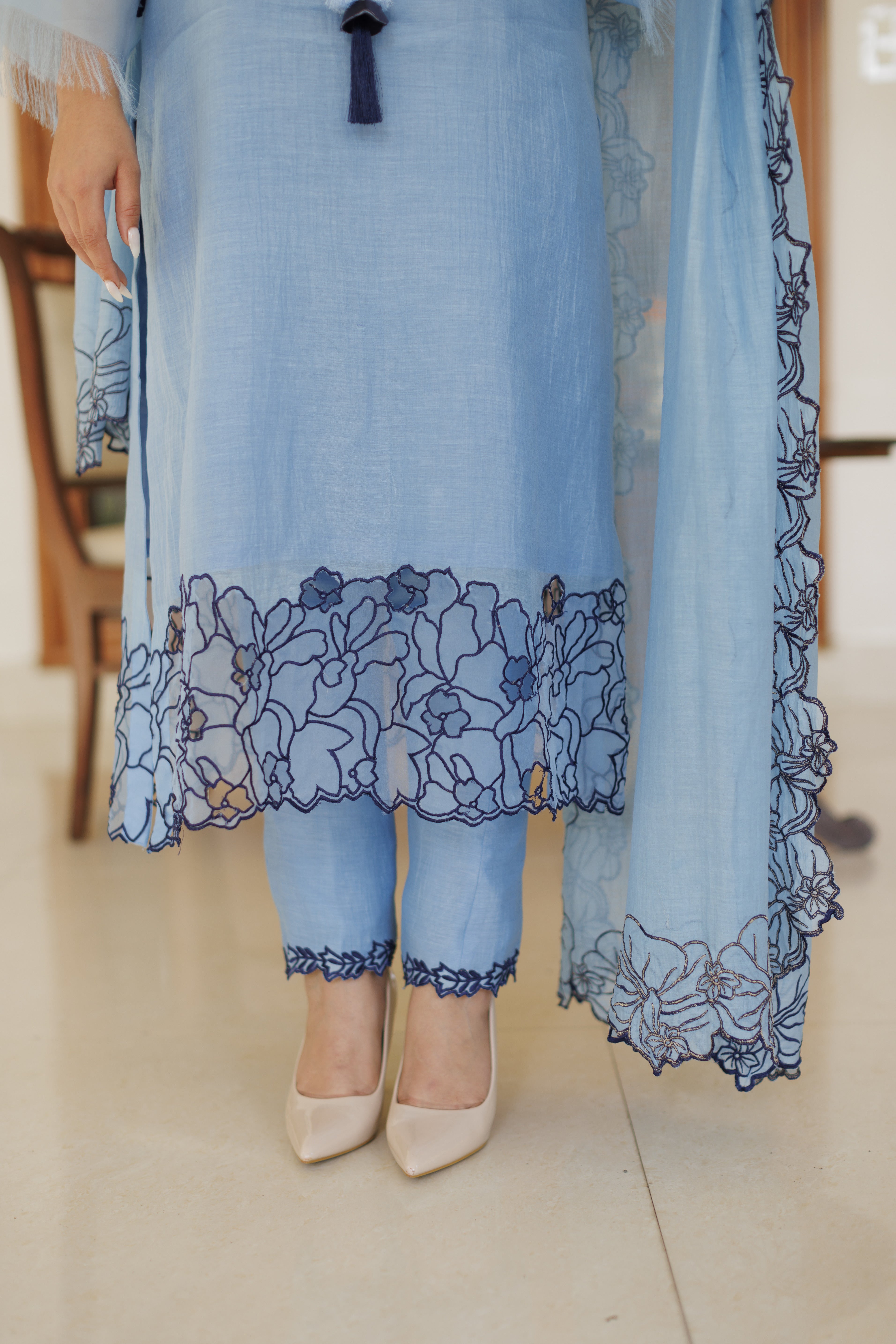 Blue Floral Cutwork Shirt with Dupatta
