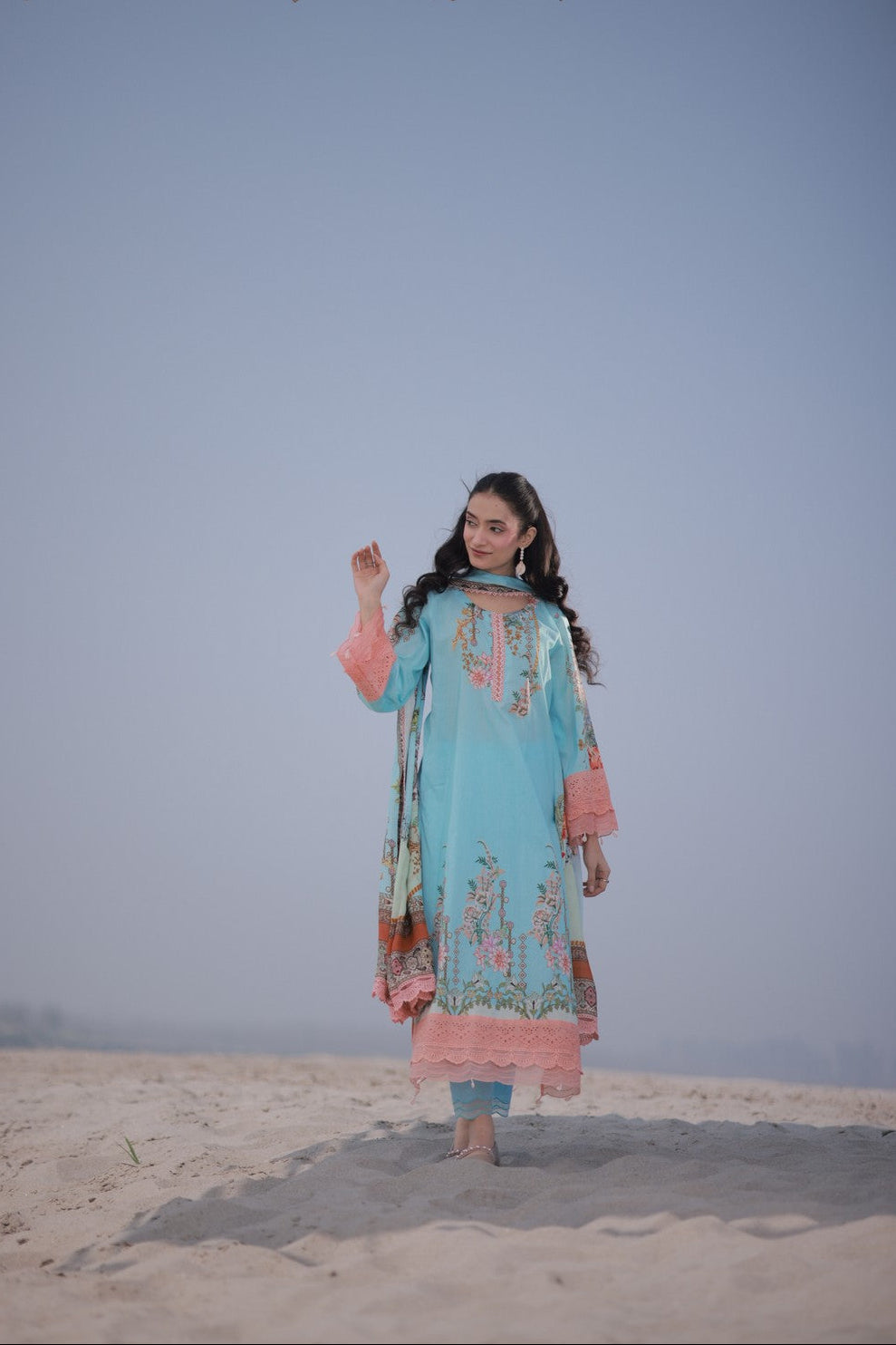 Blue & Peach Printed Lawn Suit