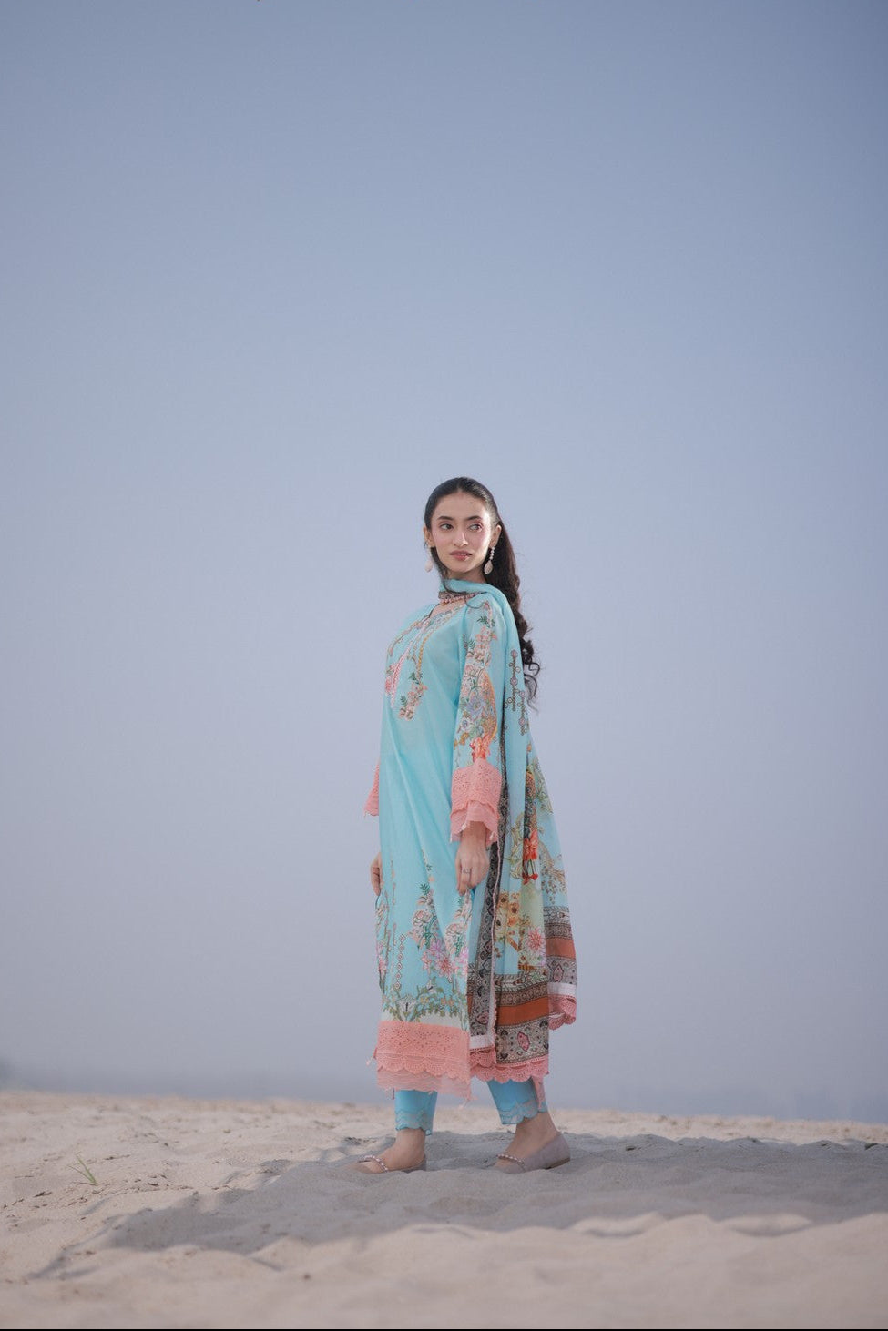 Blue & Peach Printed Lawn Suit