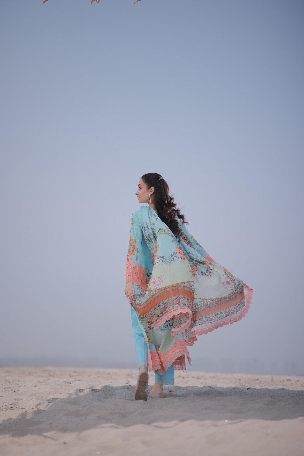Blue & Peach Printed Lawn Suit