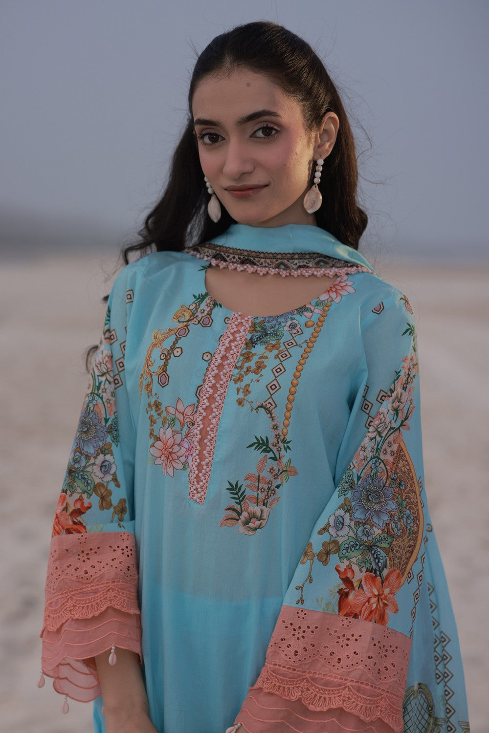 Blue & Peach Printed Lawn Suit