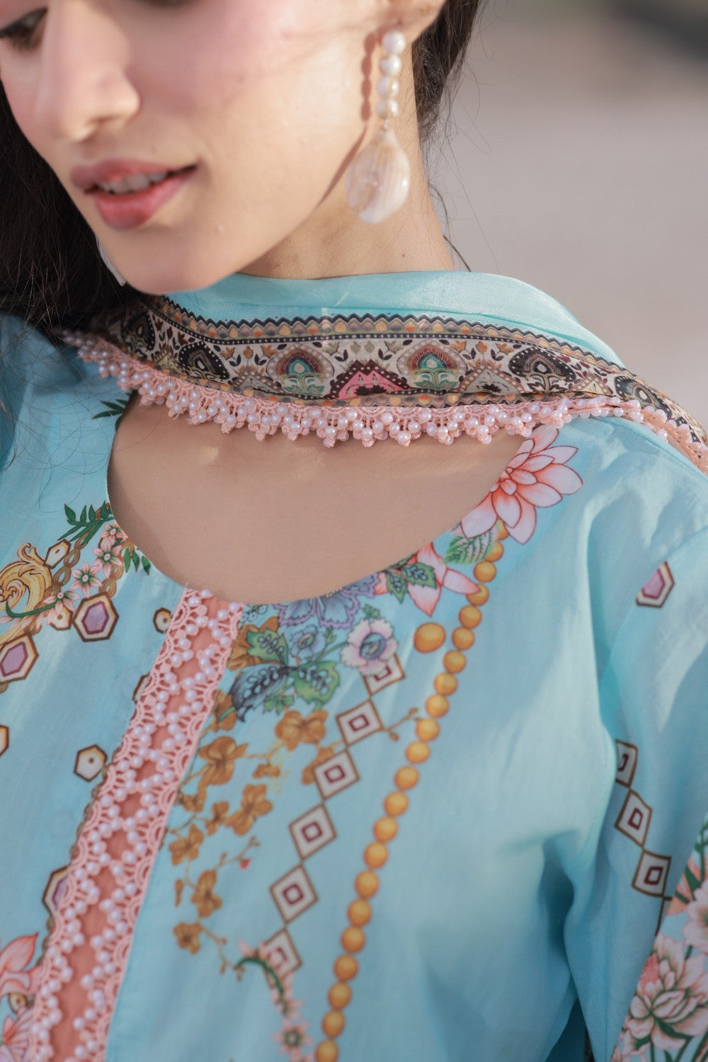 Blue & Peach Printed Lawn Suit
