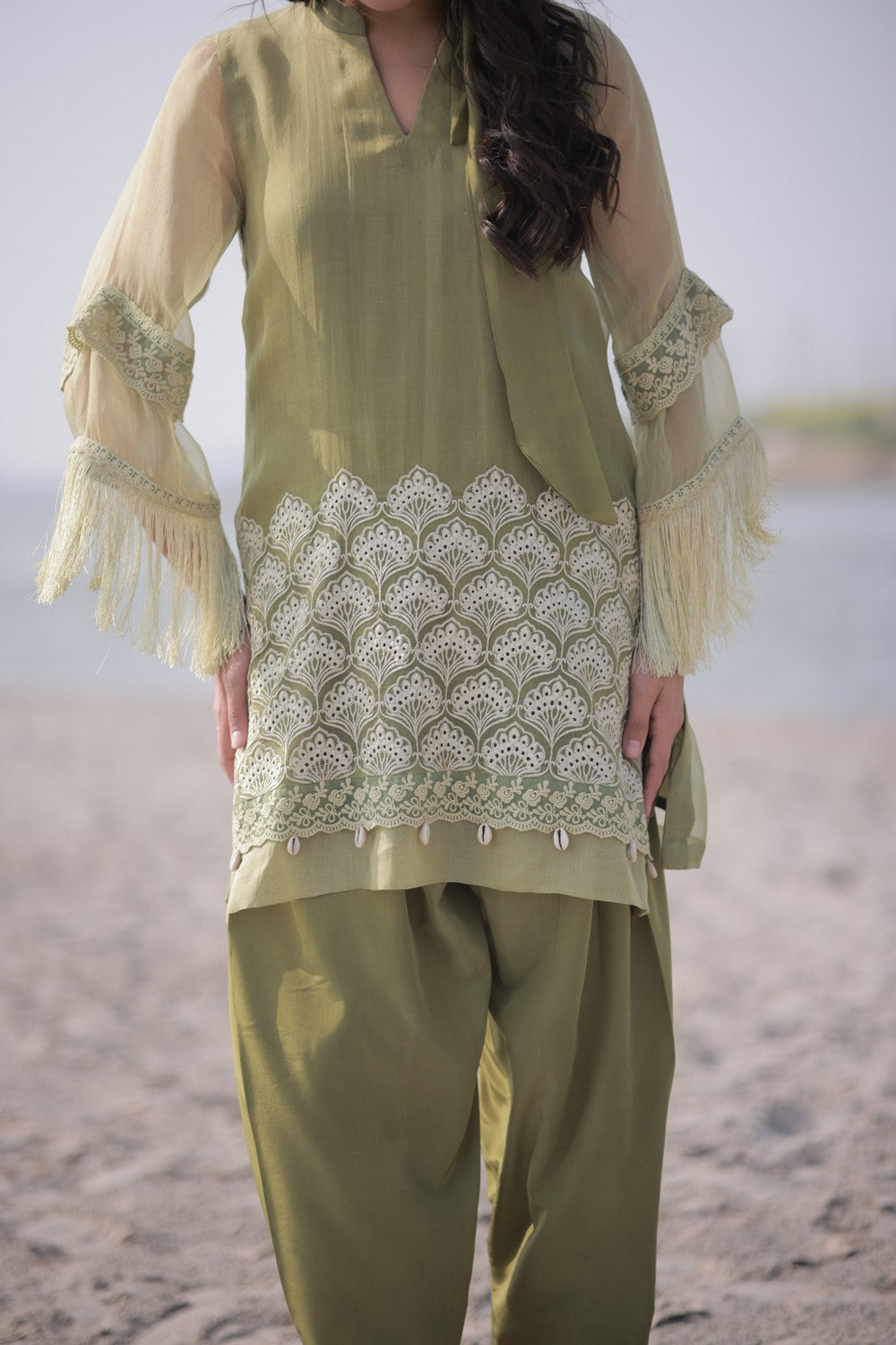 Olive Fringe Kurta Set