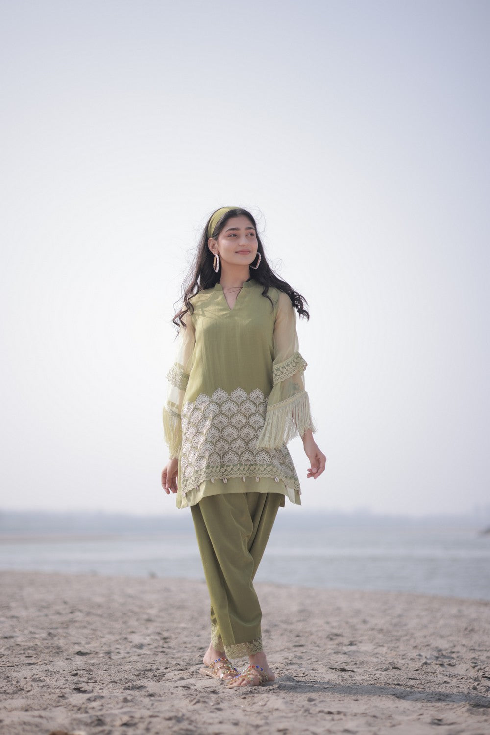 Olive Fringe Kurta Set