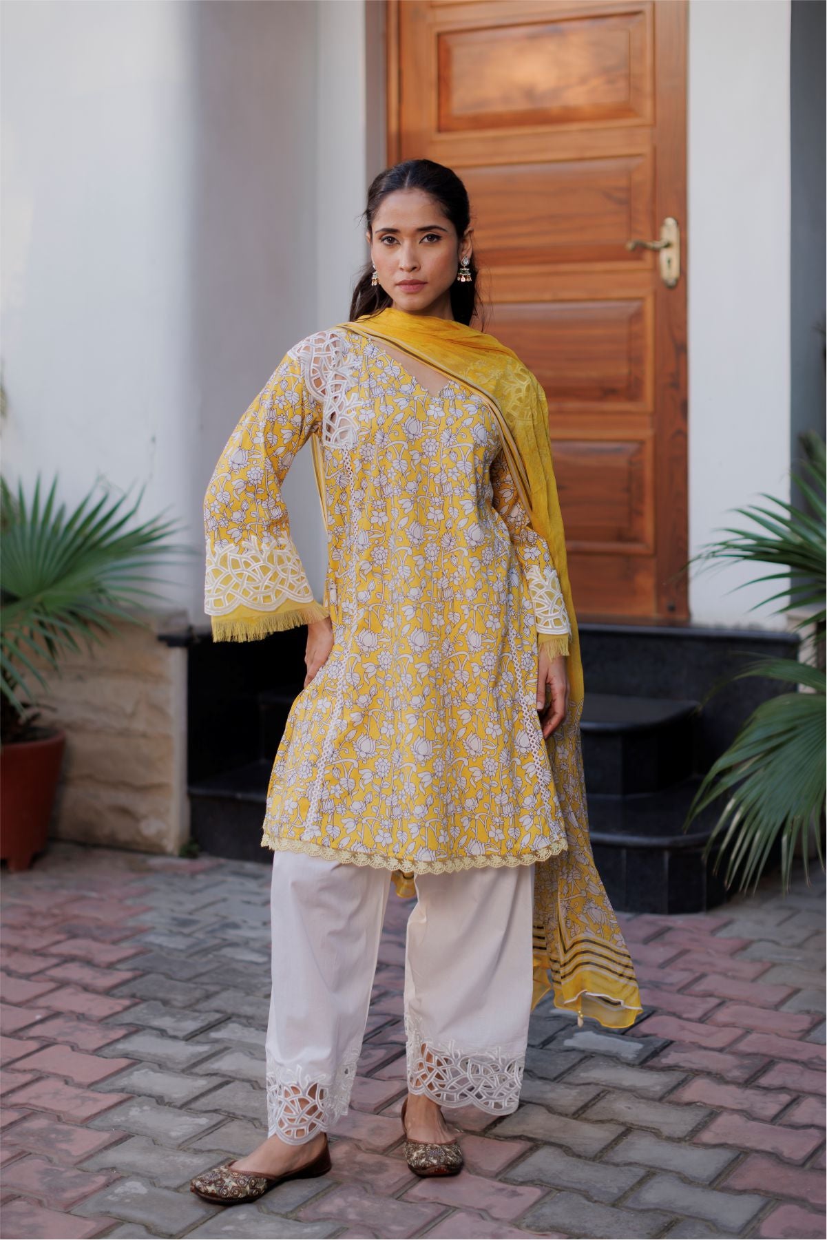 Yellow Cutwork Short Kurta with Dupatta