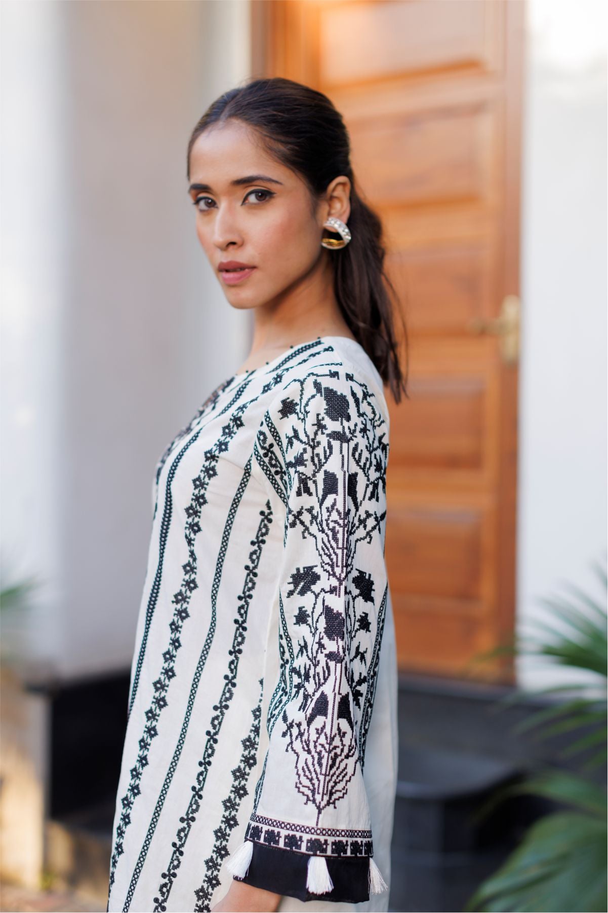 Off White Cross Stitch Kurta Set