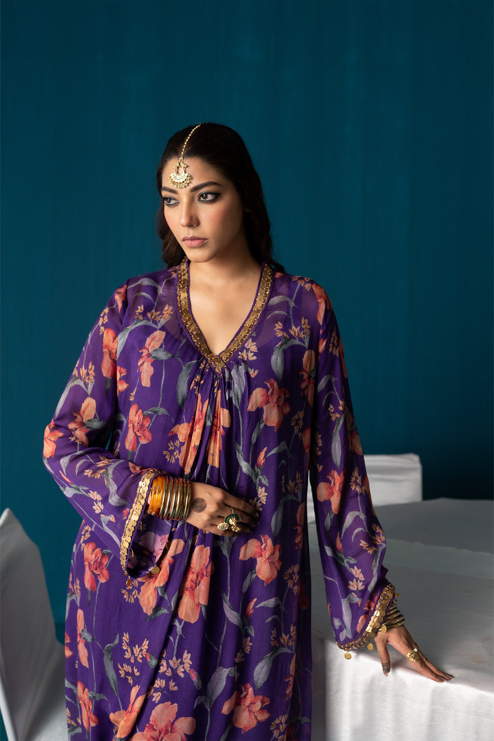 Nazia- Pleated Kurta Set- Purple