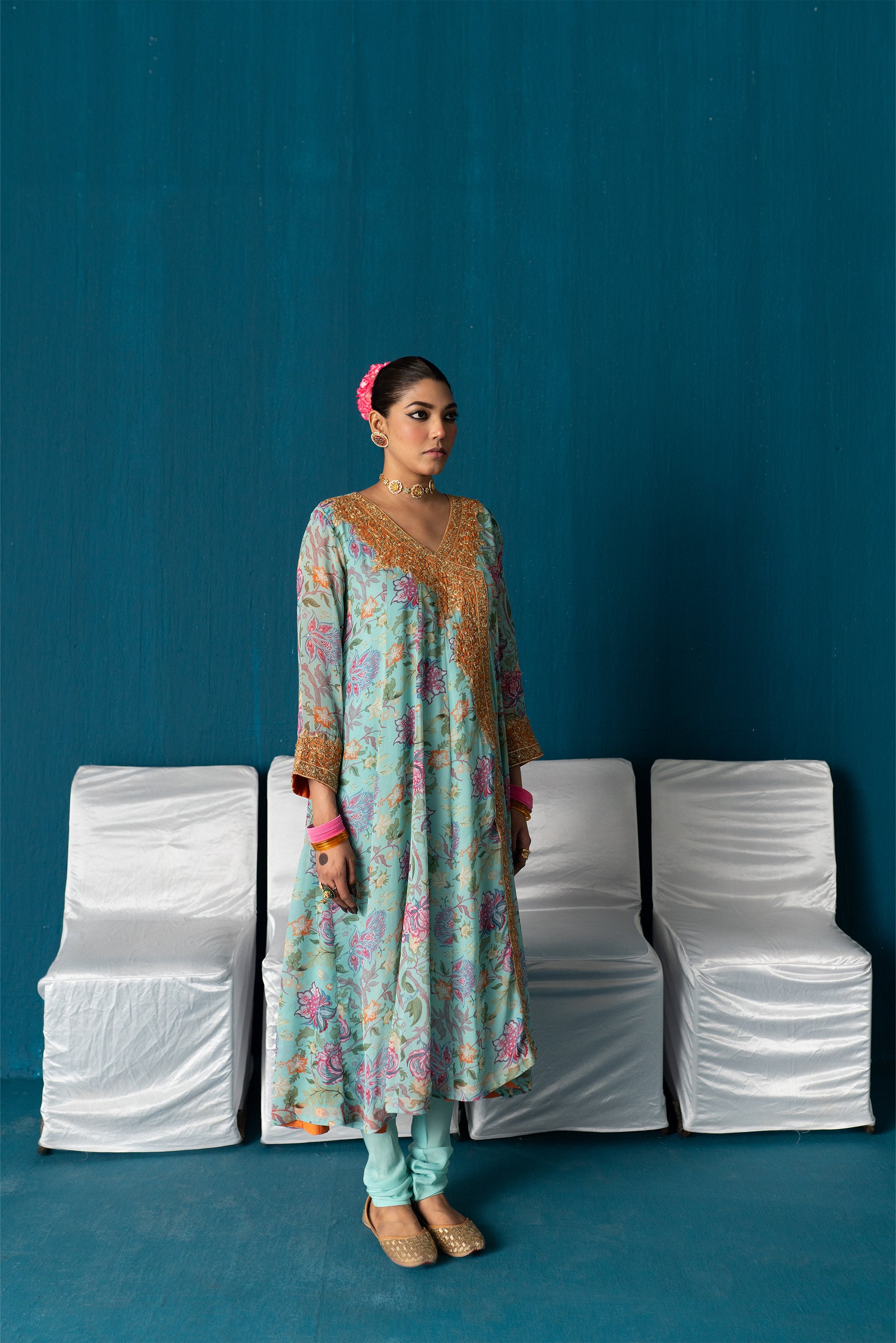 Nayaab-  Printed Kalidar Anarkali with Dupatta - Light Blue