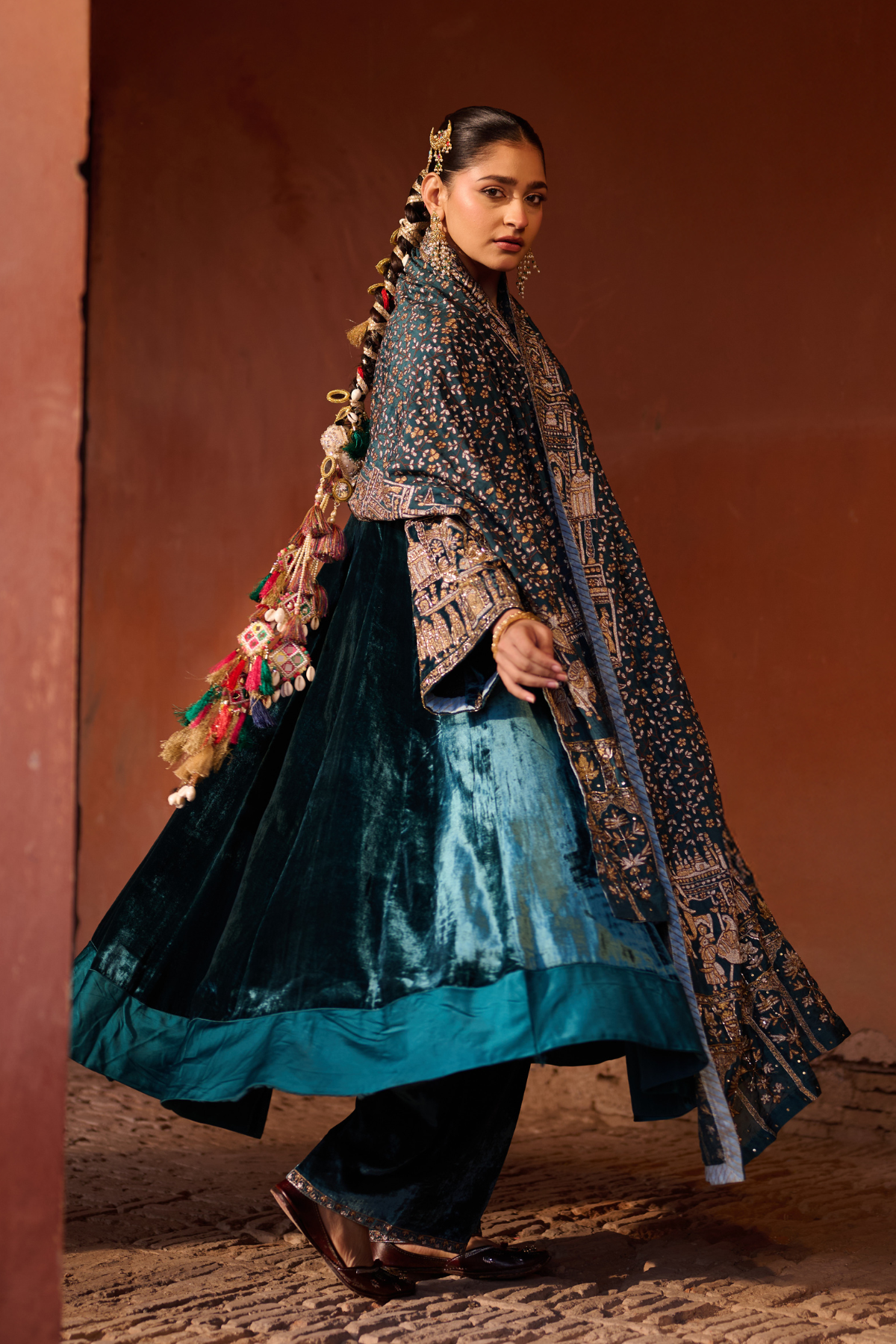 Teal Blue Anarkali with Odhni