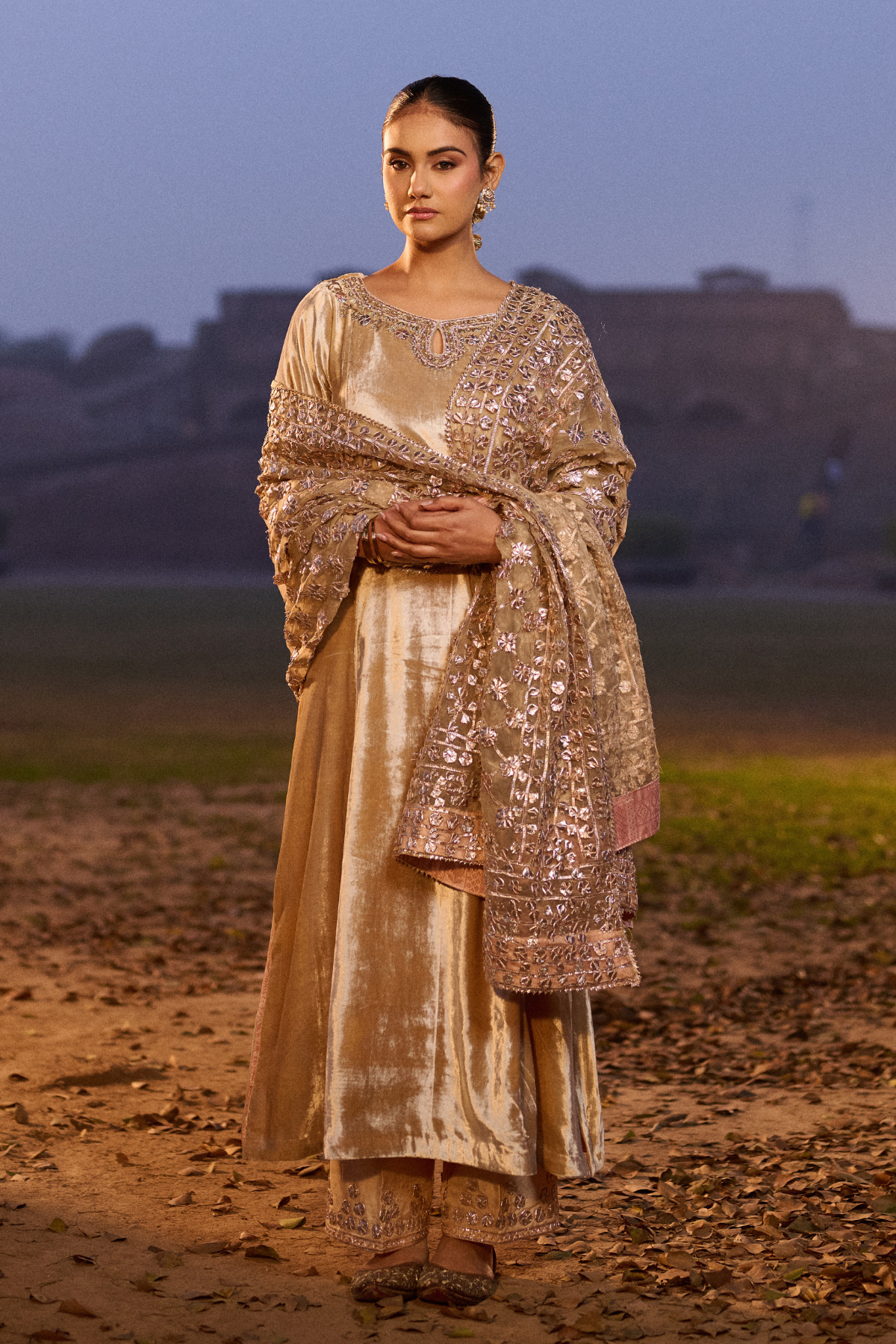 BEIGE A-LANE SUIT WITH GOTA ODHNI