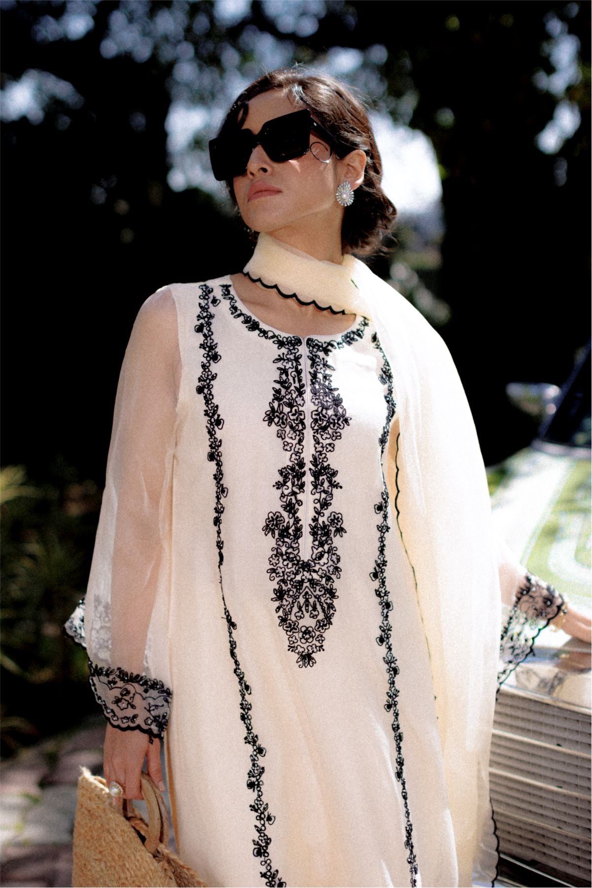 Off White Cotton Net Shirt with Dupatta