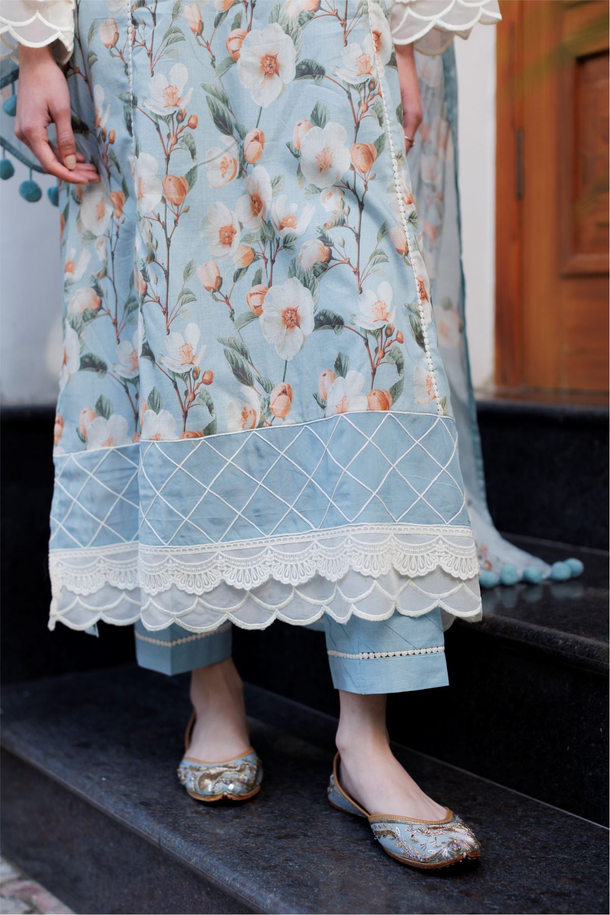 Aqua Blue Floral Shirt with Dupatta