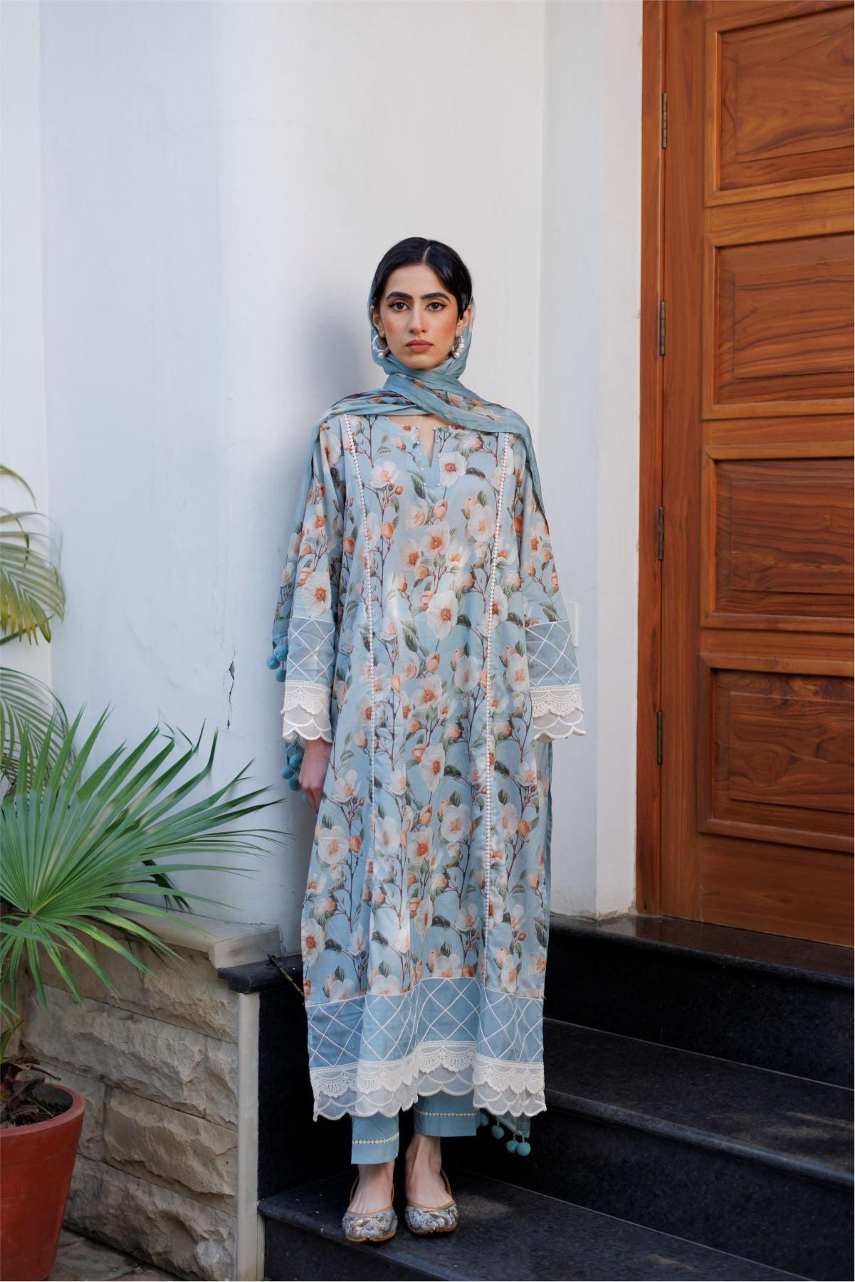 Aqua Blue Floral Shirt with Dupatta