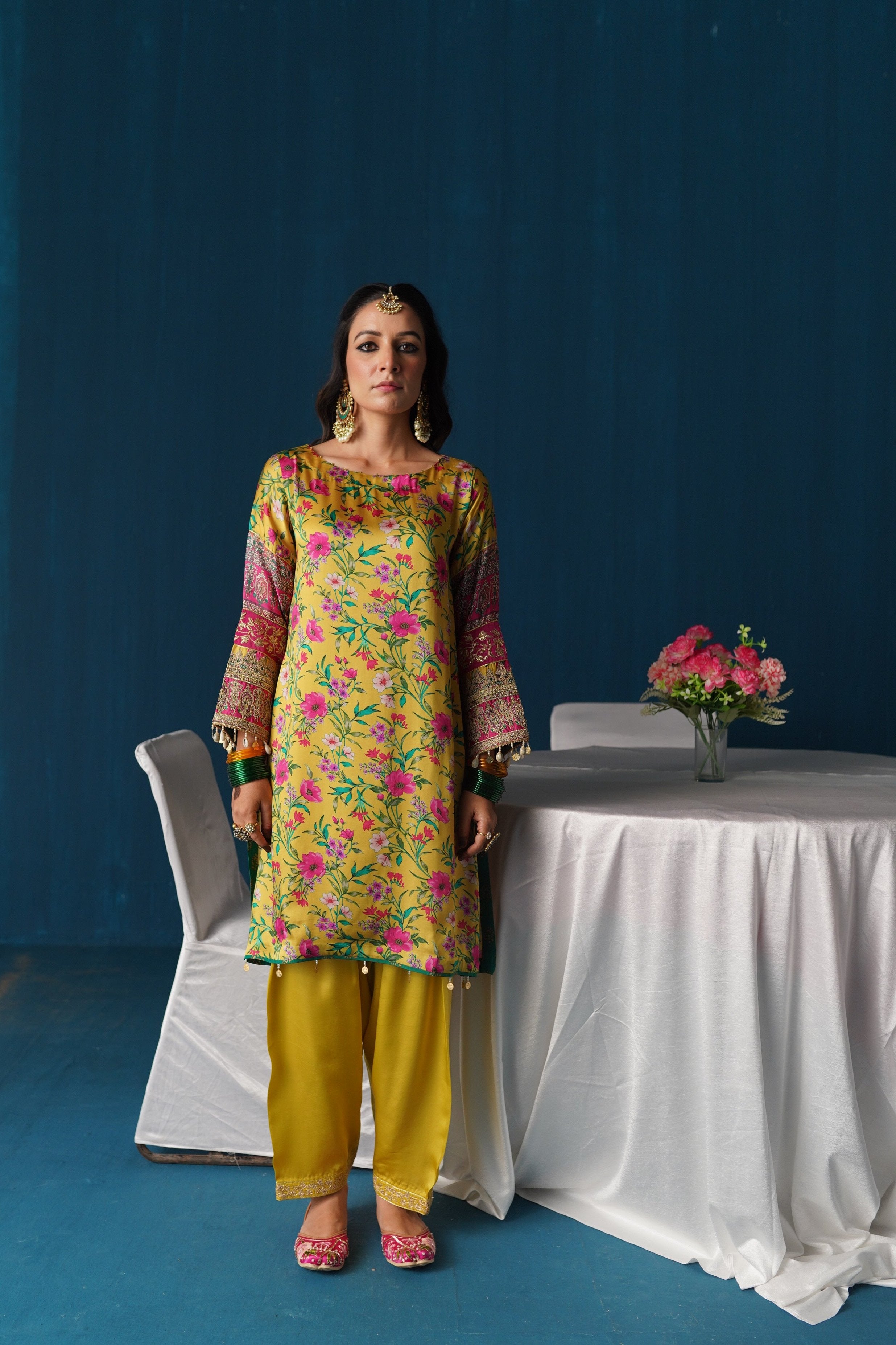 Zaarah- Satin Embroidered Kurta Set - Yellow