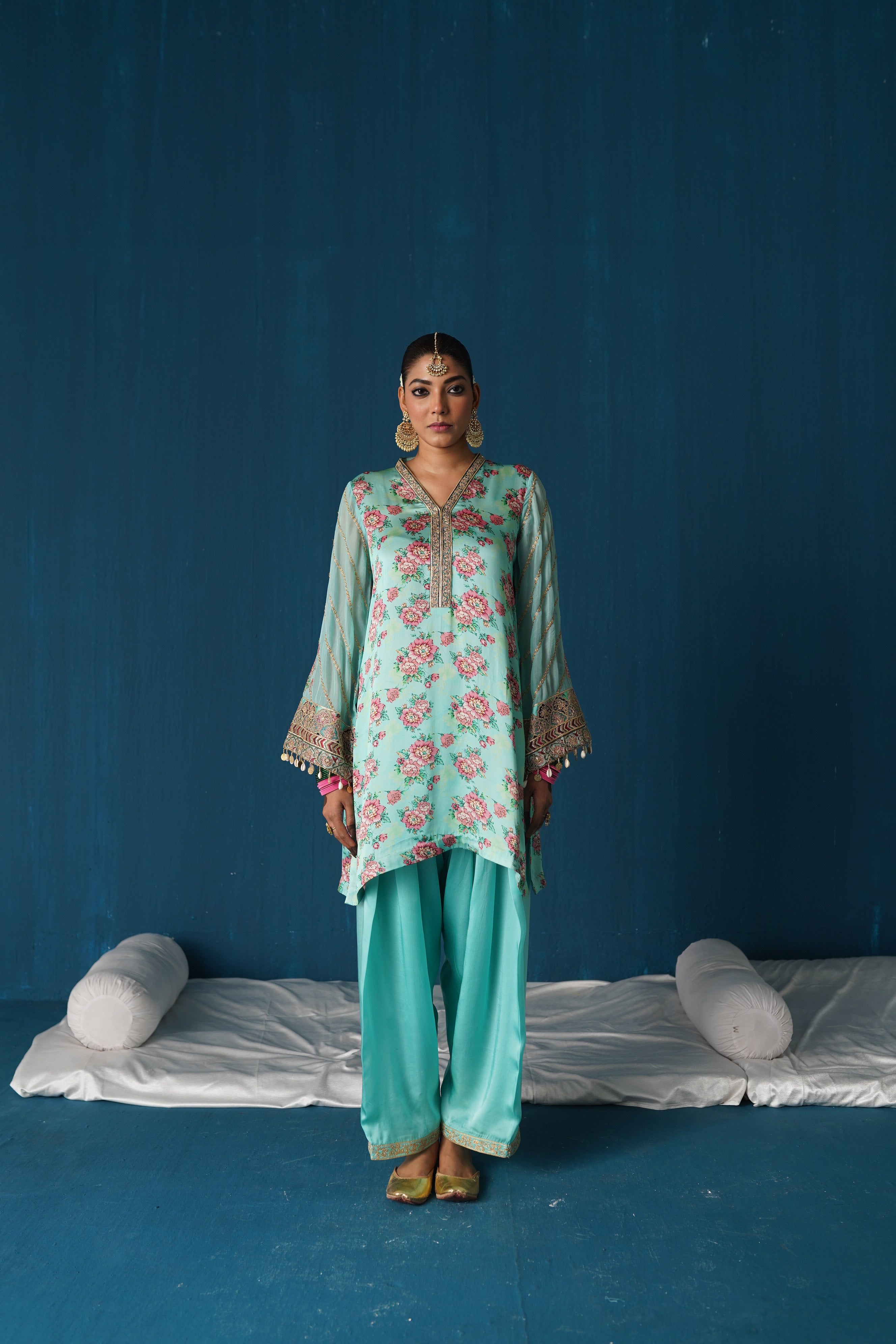Iqra- Printed Satin Kurta Set - Aqua Blue