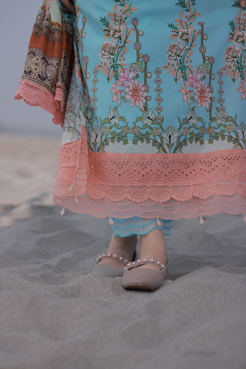 Blue & Peach Printed Lawn Suit