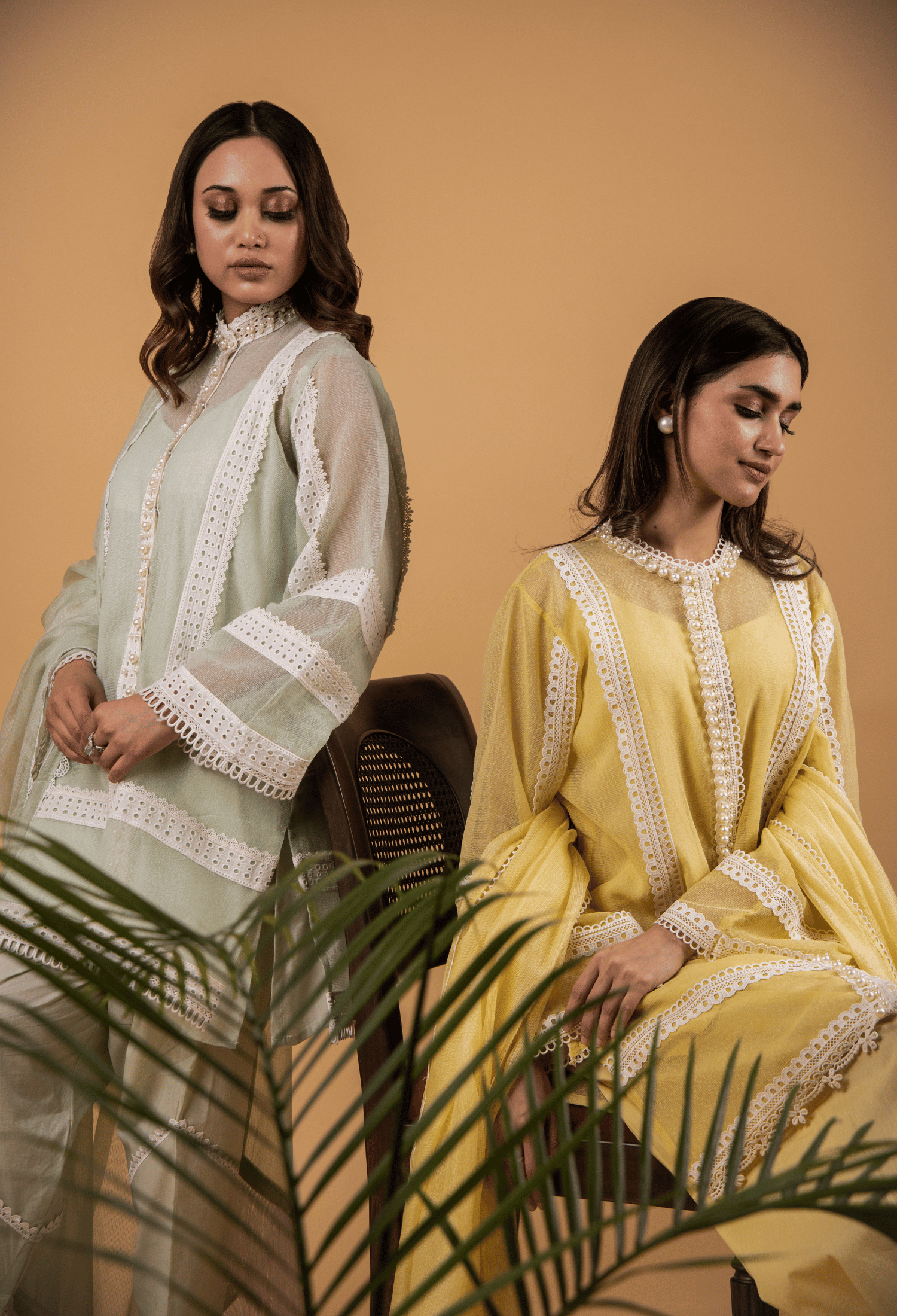 Cotton Net Pearl Jacket Suit - Pista Green