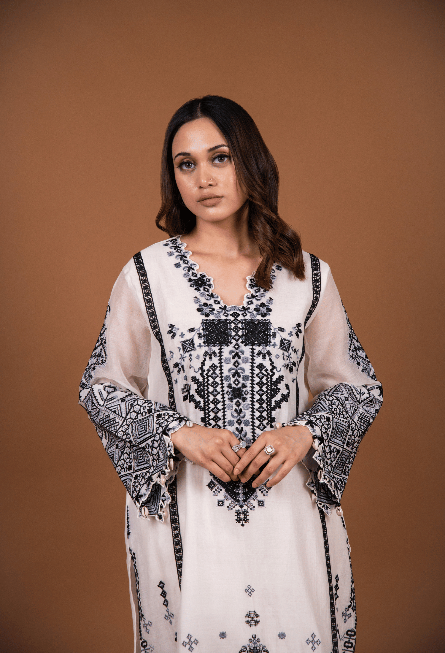 Cross Stitch Chanderi Kurta Set - Milky White