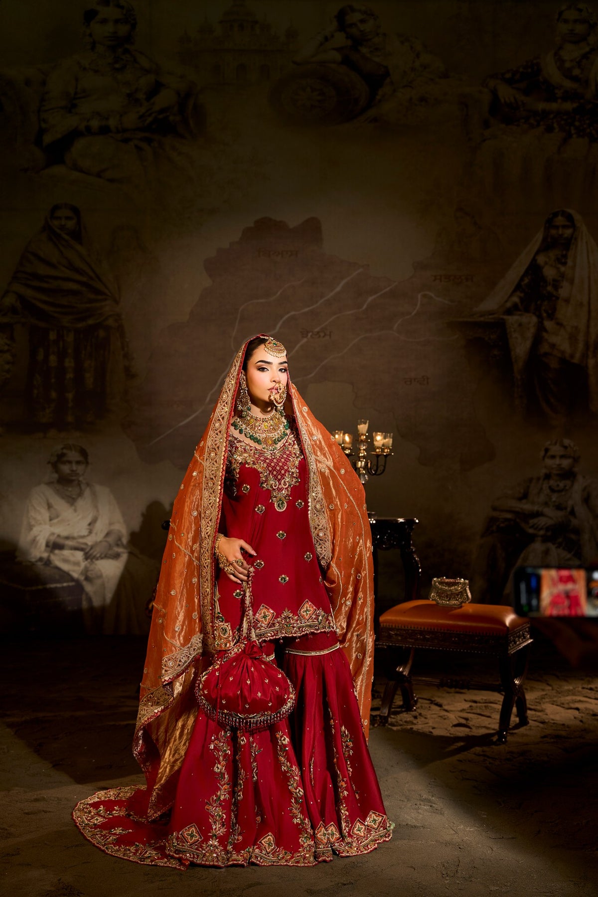 Jhelum - Red Gharara with Trail Joda
